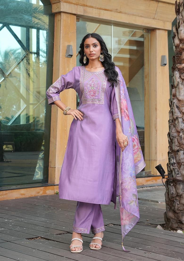 Purple Abstract Print Chanderi Kurta Set - Indya