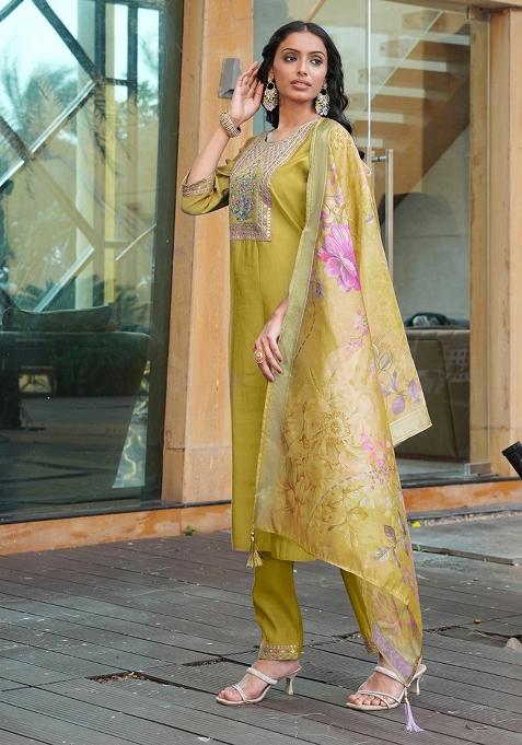 Yellow Abstract Print Chanderi Kurta Set