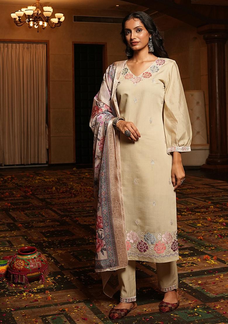 Cream Embroidery Chanderi Kurta Set - Indya