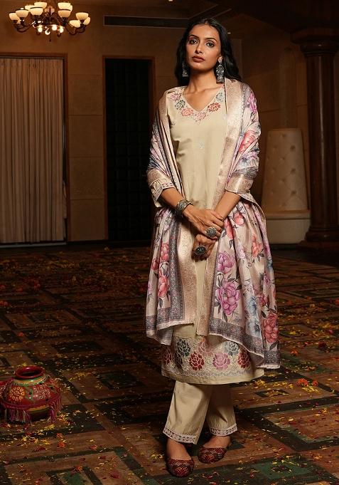 Cream Embroidery Chanderi Kurta Set