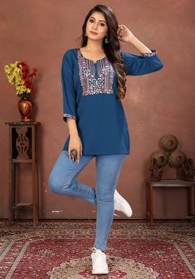Blue Embroidery Cotton Kurta