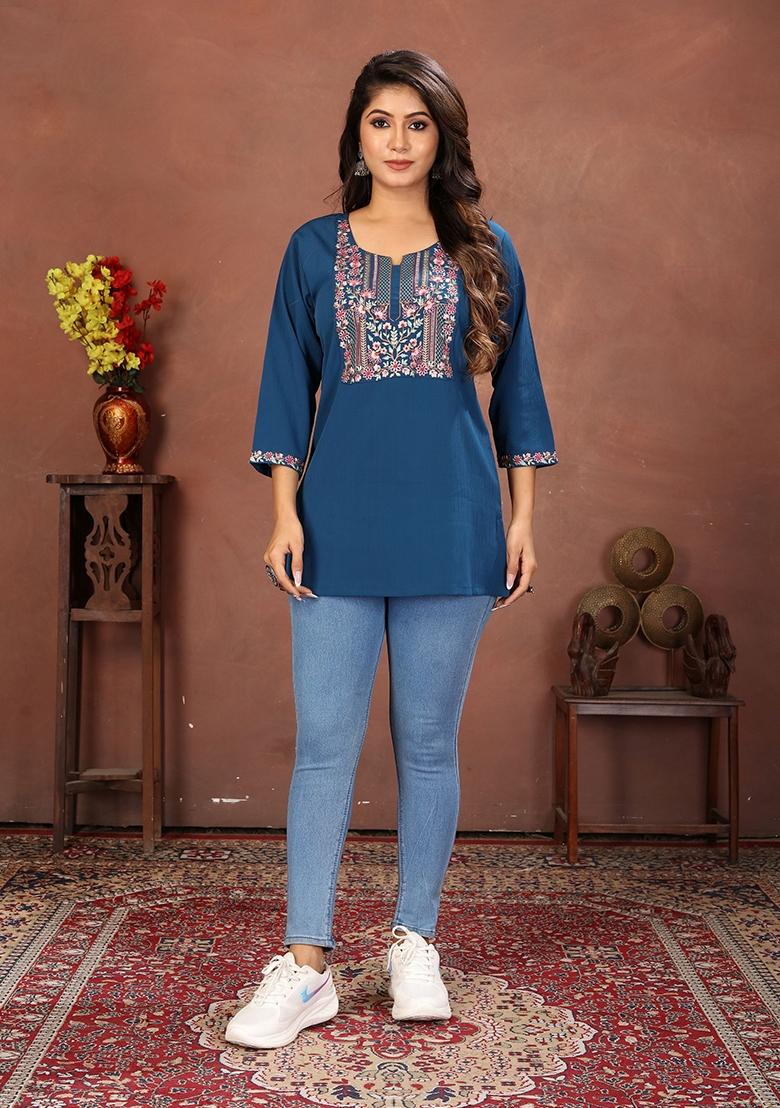 Blue Embroidery Cotton Kurta - Indya