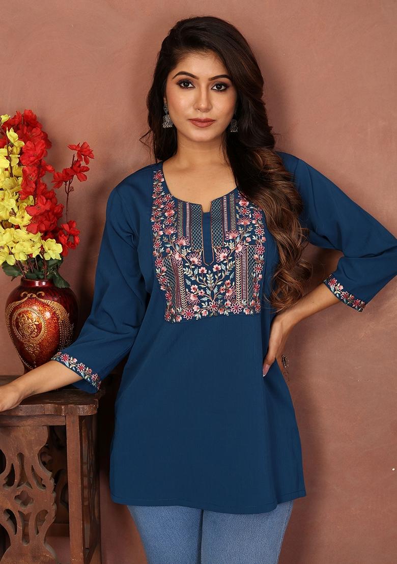 Blue Embroidery Cotton Kurta - Indya