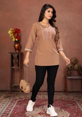 Brown Embroidery Cotton Kurta