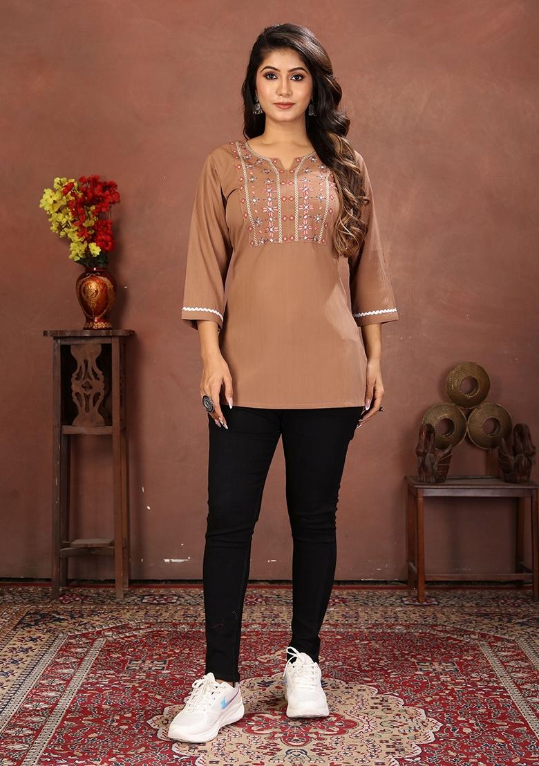 Brown Embroidery Cotton Kurta - Indya