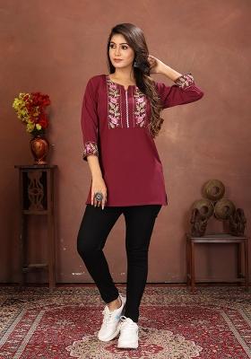 Wine Embroidery Cotton Kurta