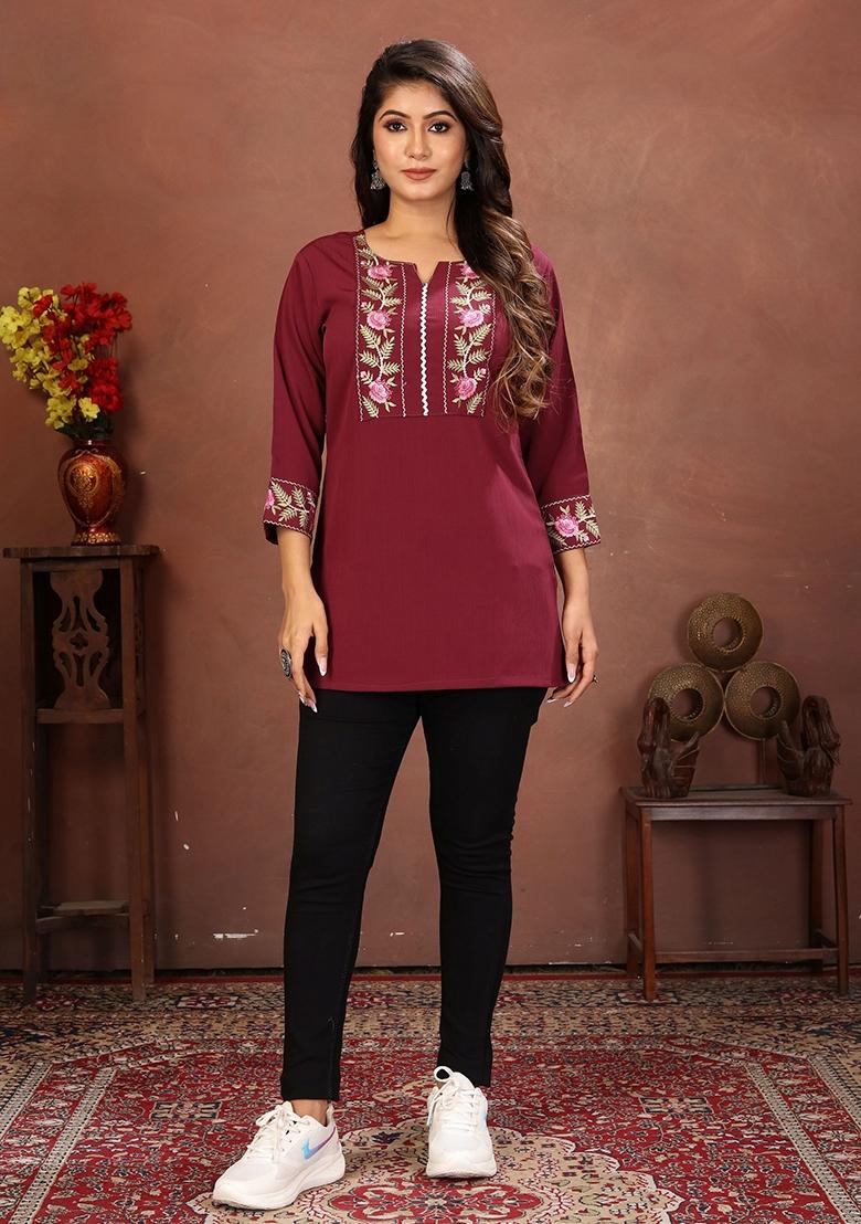 Wine Embroidery Cotton Kurta - Indya