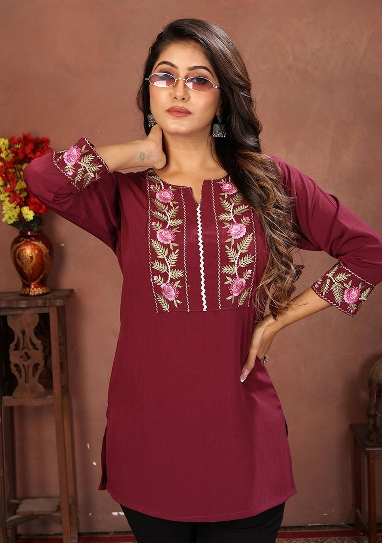 Wine Embroidery Cotton Kurta - Indya