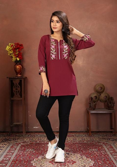 Wine Embroidery Cotton Kurta