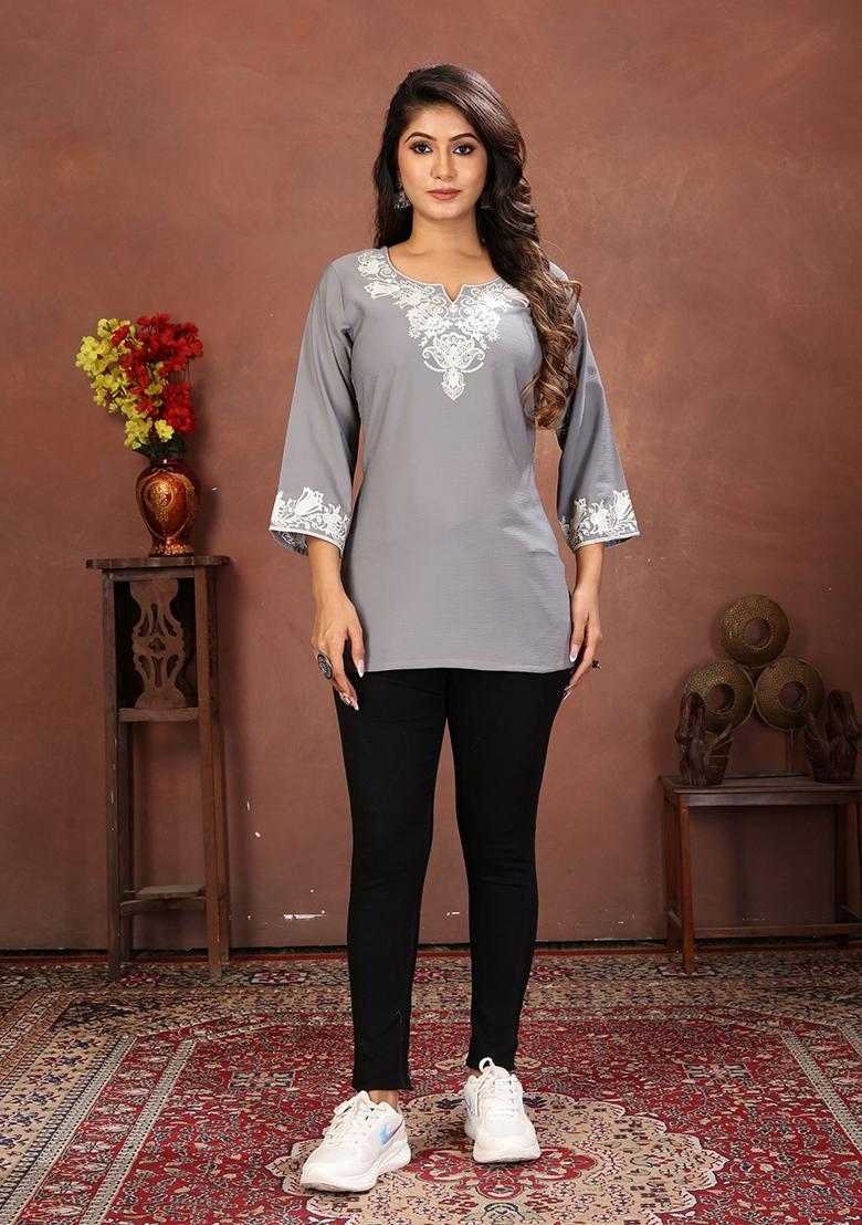 Grey Embroidery Cotton Kurta - Indya