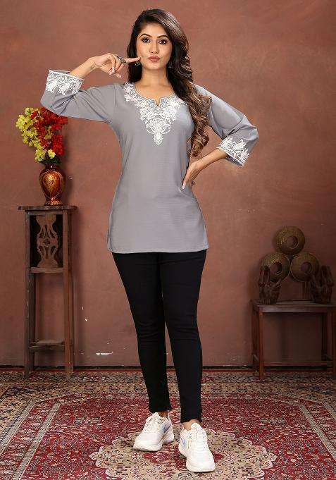 Grey Embroidery Cotton Kurta