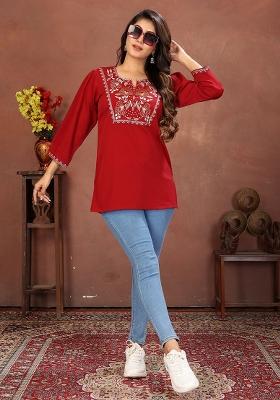 Maroon Embroidery Cotton Kurta