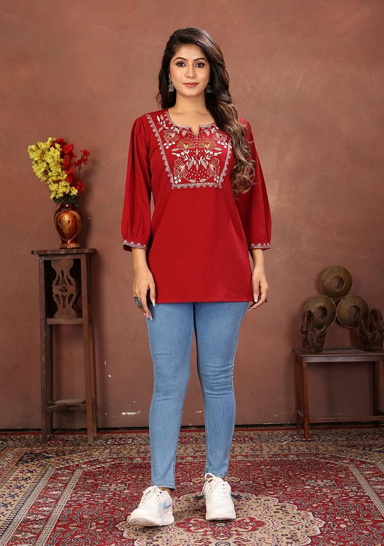 Maroon Embroidery Cotton Kurta - Indya