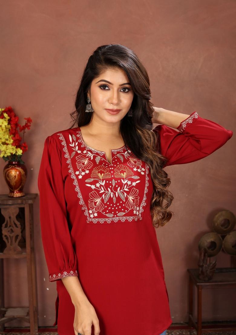 Maroon Embroidery Cotton Kurta - Indya