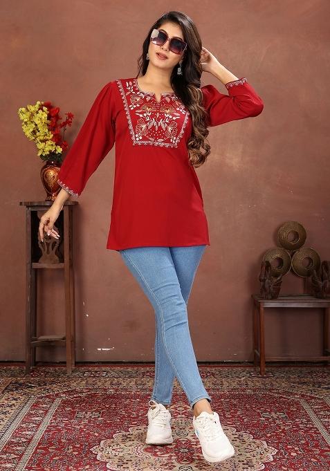 Maroon Embroidery Cotton Kurta