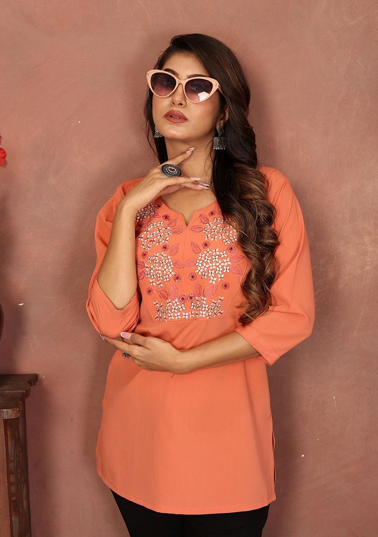 Peach Embroidery Cotton Kurta - Indya