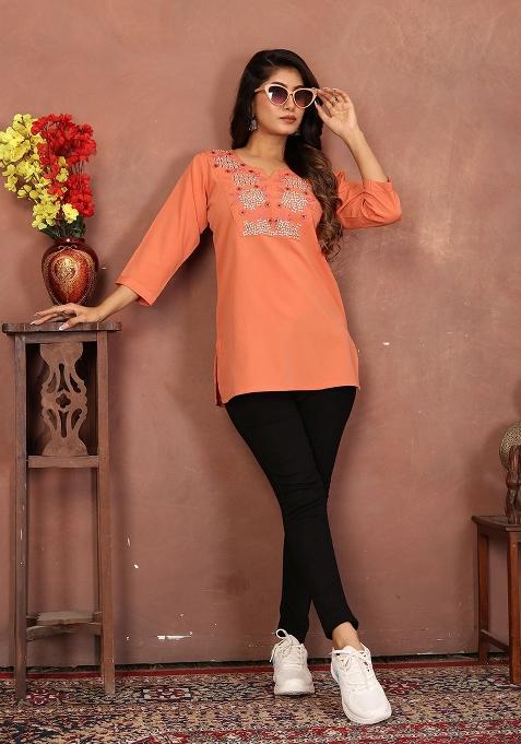 Peach Embroidery Cotton Kurta