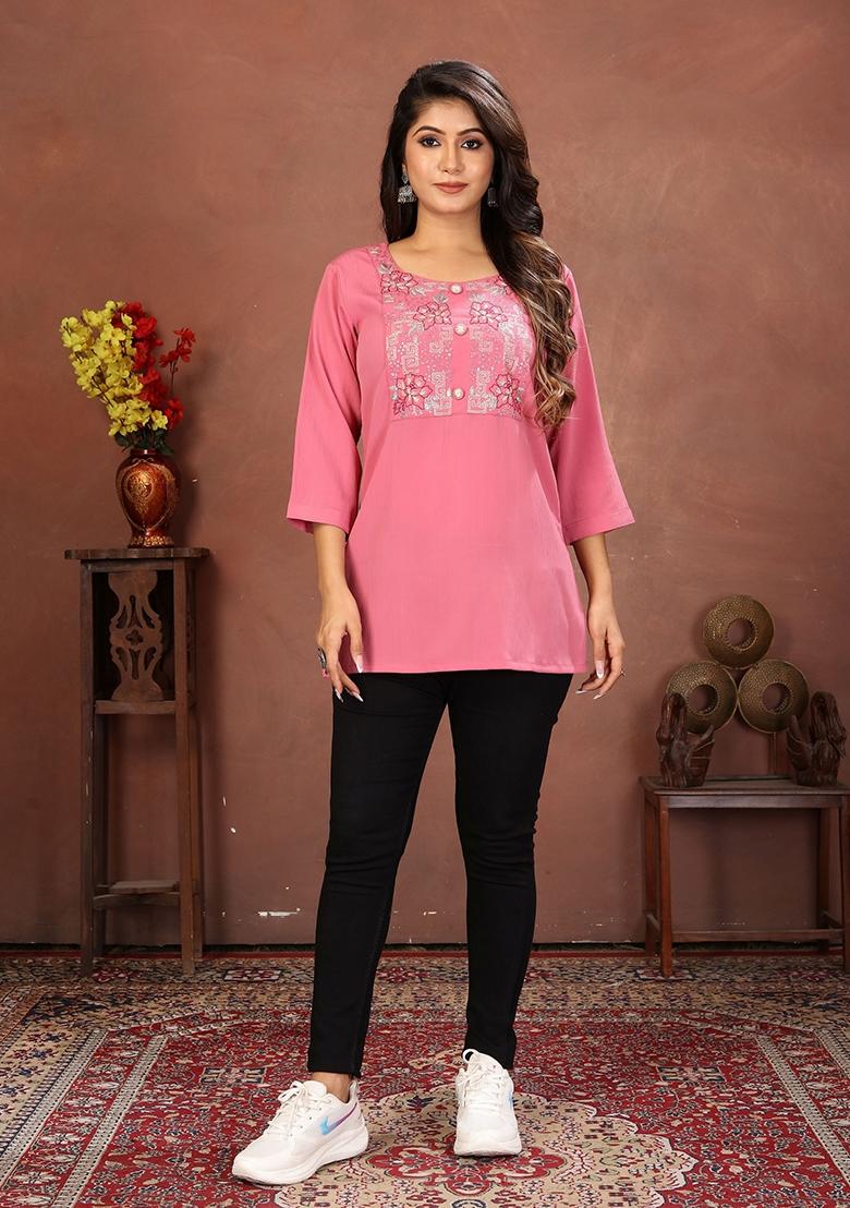 Pink Embroidery Cotton Kurta - Indya