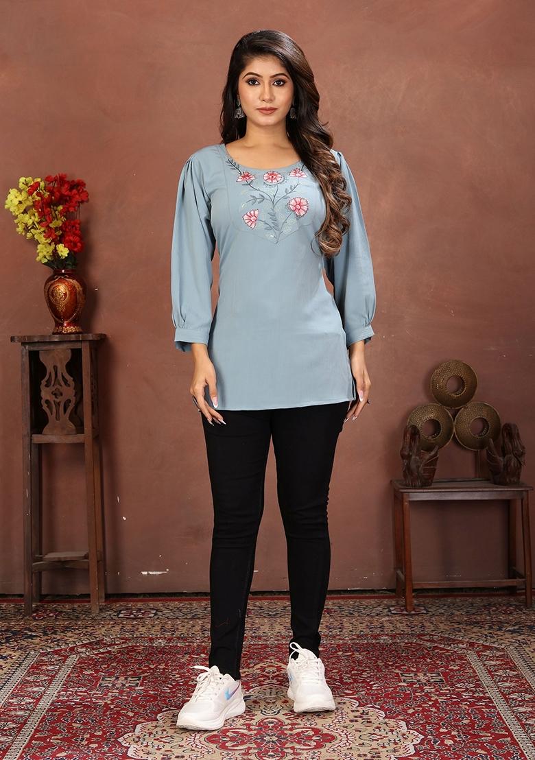 Sky Blue Embroidery Cotton Kurta - Indya