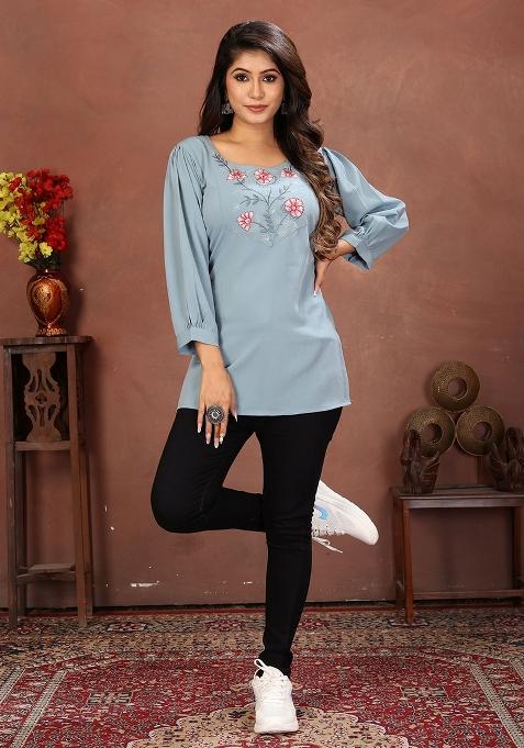 Sky Blue Embroidery Cotton Kurta