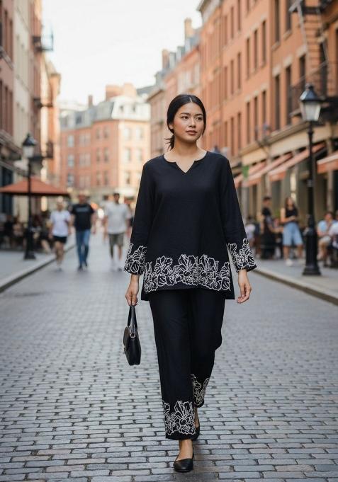 Black Abstract Print Silk Kurta Set