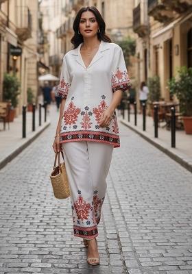 White Abstract Print Silk Kurta Set