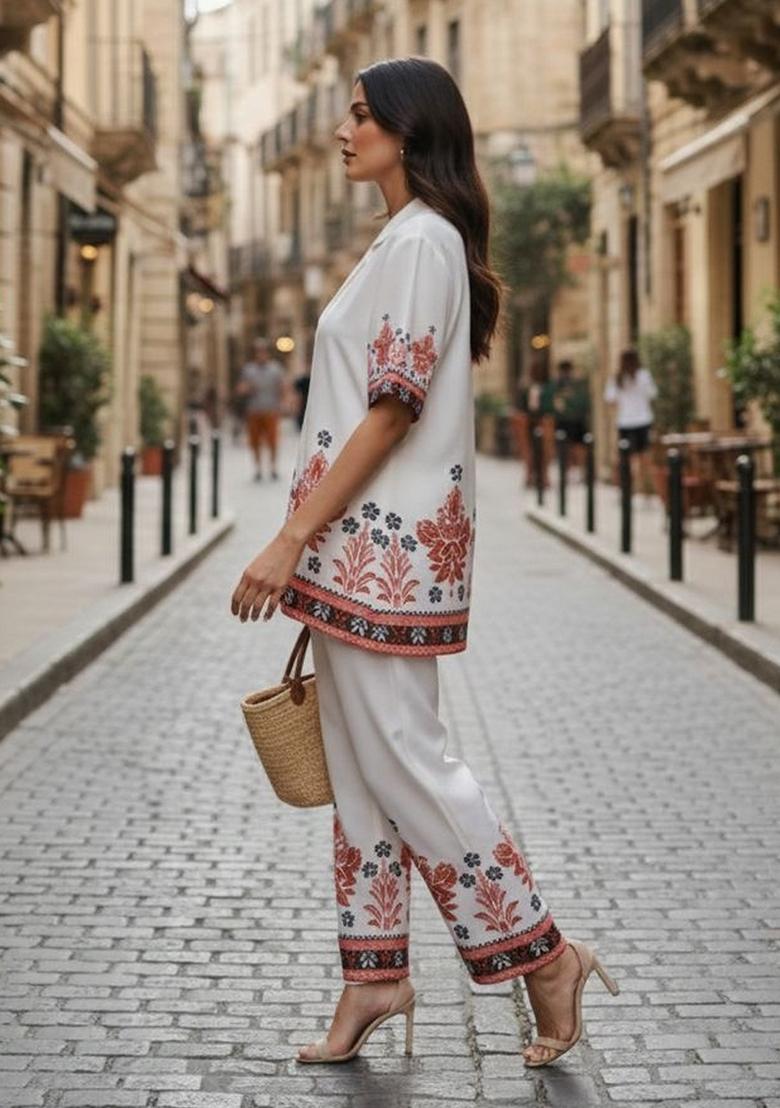 White Abstract Print Silk Kurta Set - Indya