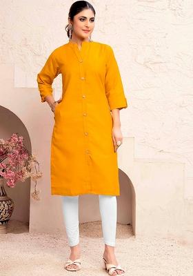 Yellow Abstract Print Cotton Kurta
