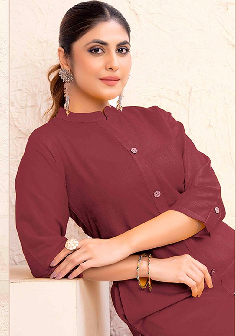 Maroon Abstract Print Cotton Kurta - Indya