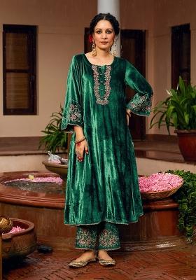 Green Embroidery Velvet Kurta Set