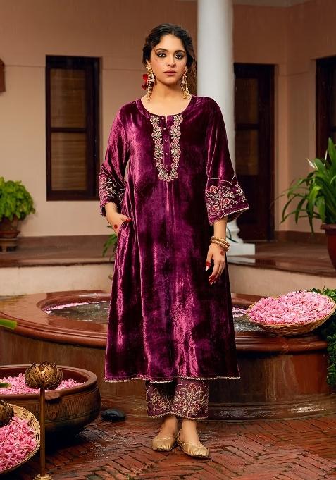 Maroon Embroidery Velvet Kurta Set