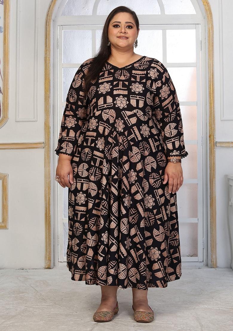 Black Abstract Print Rayon Kurta - Indya