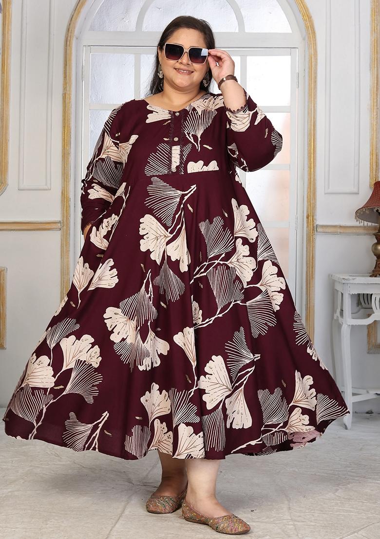Wine Abstract Print Rayon Kurta - Indya