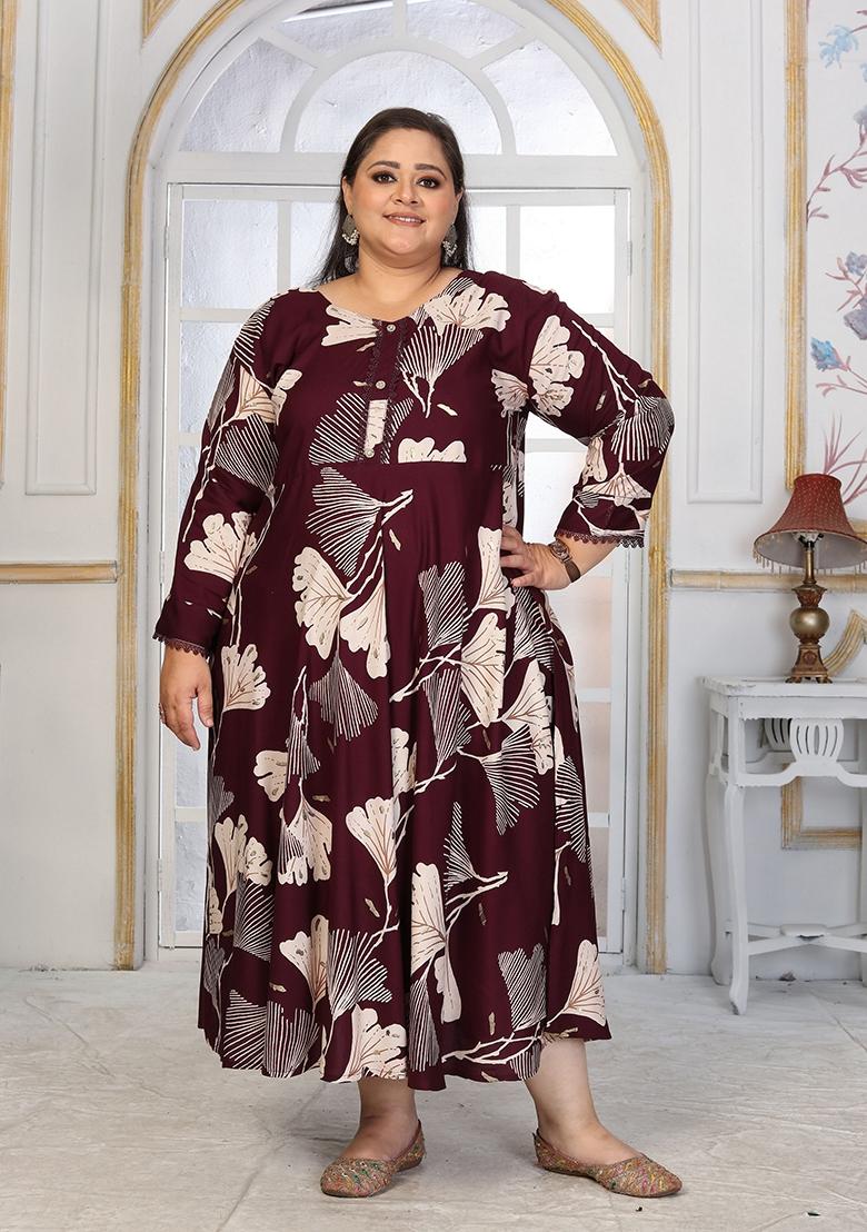 Wine Abstract Print Rayon Kurta - Indya