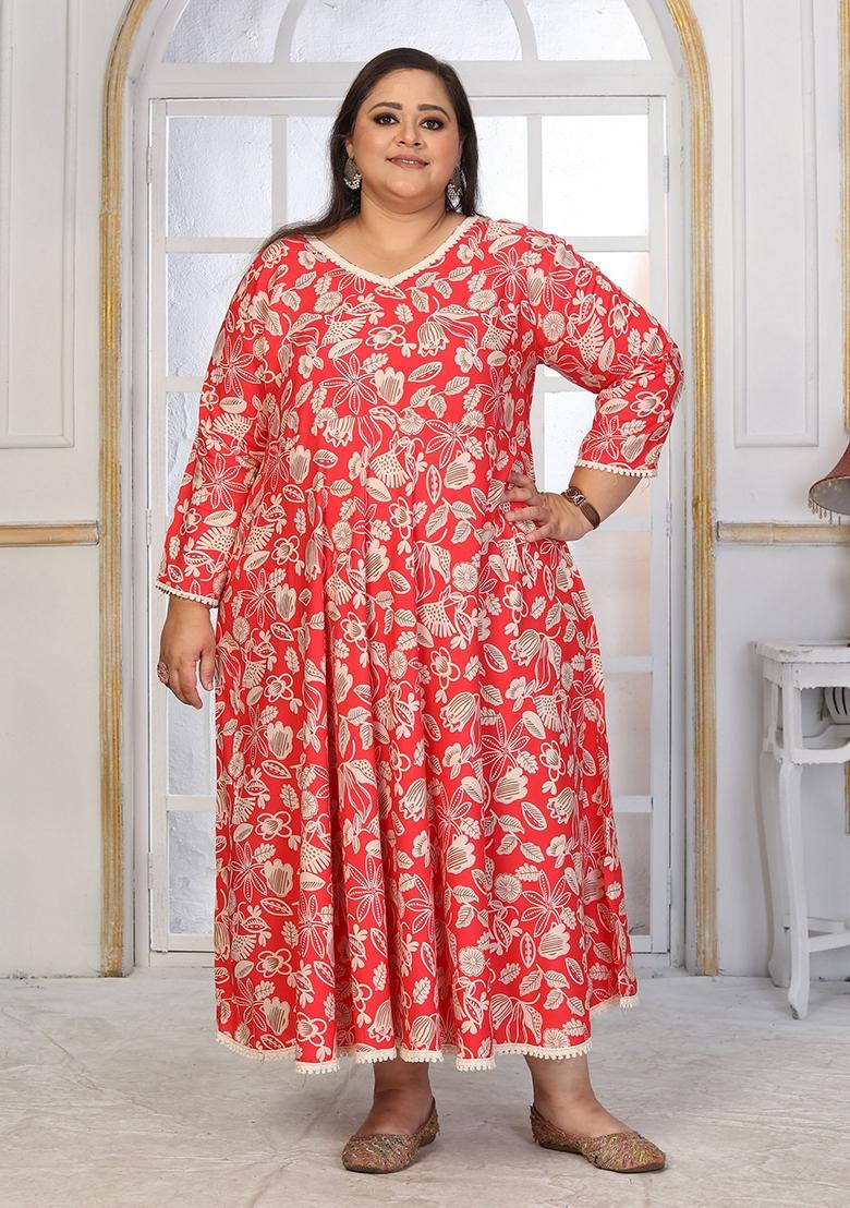 Red Abstract Print Rayon Kurta - Indya