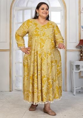Mustard Abstract Print Rayon Kurta