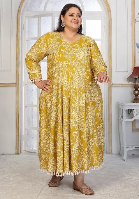 Mustard Abstract Print Rayon Kurta