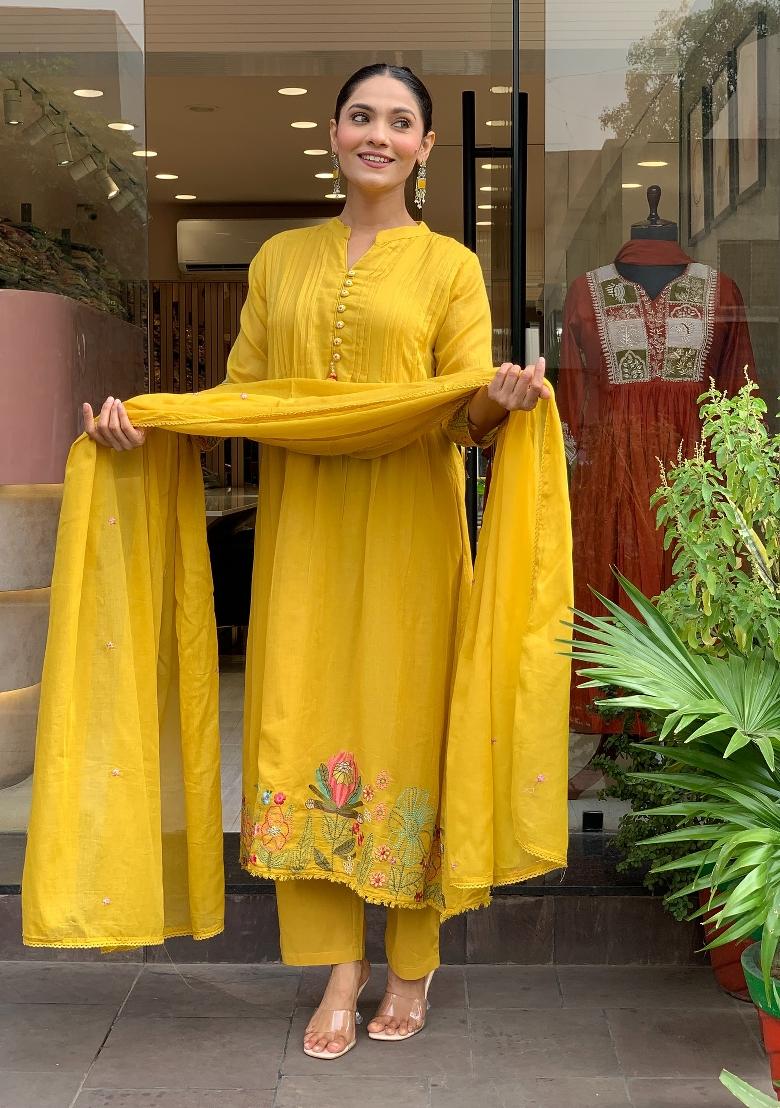 Mustard Embroidery Chanderi Kurta Set - Indya