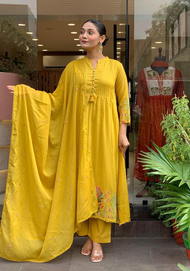 Mustard Embroidery Chanderi Kurta Set - Indya
