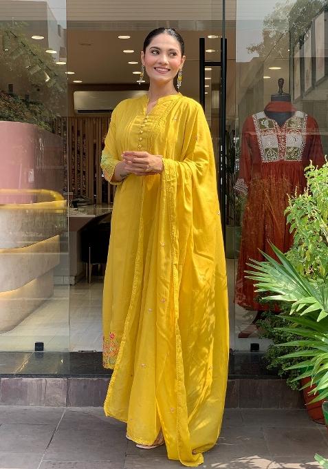 Mustard Embroidery Chanderi Kurta Set