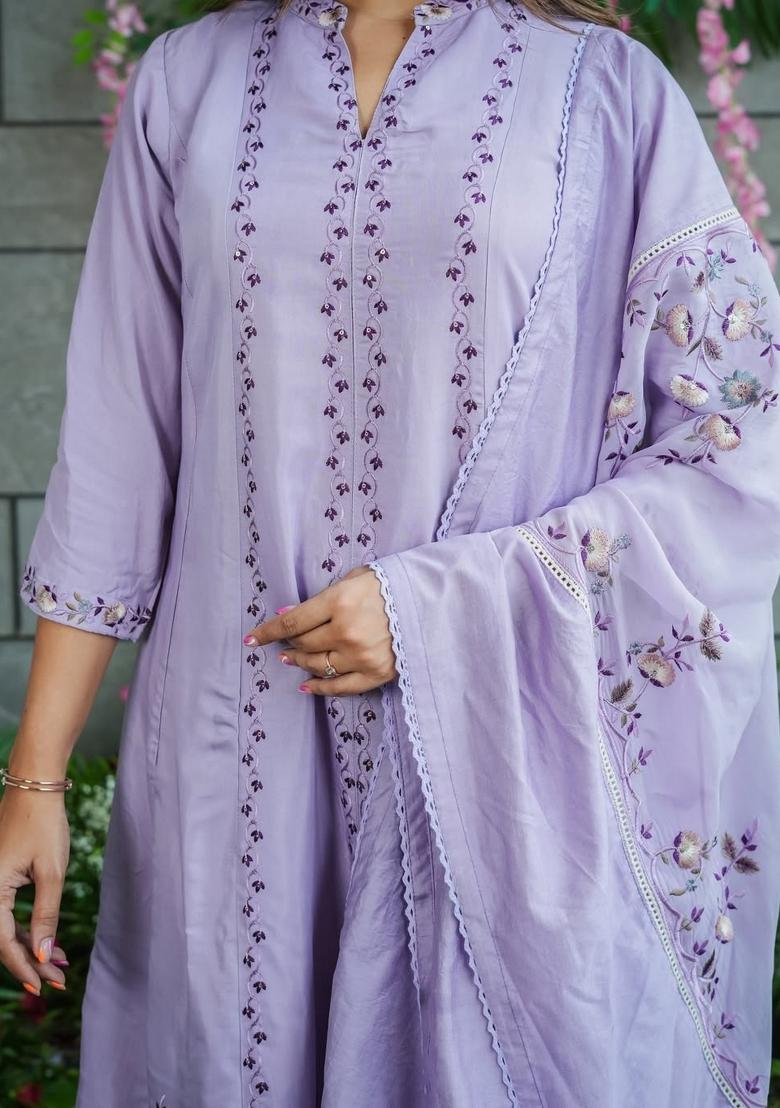 Lavender Embroidery Cotton Kurta Set - Indya