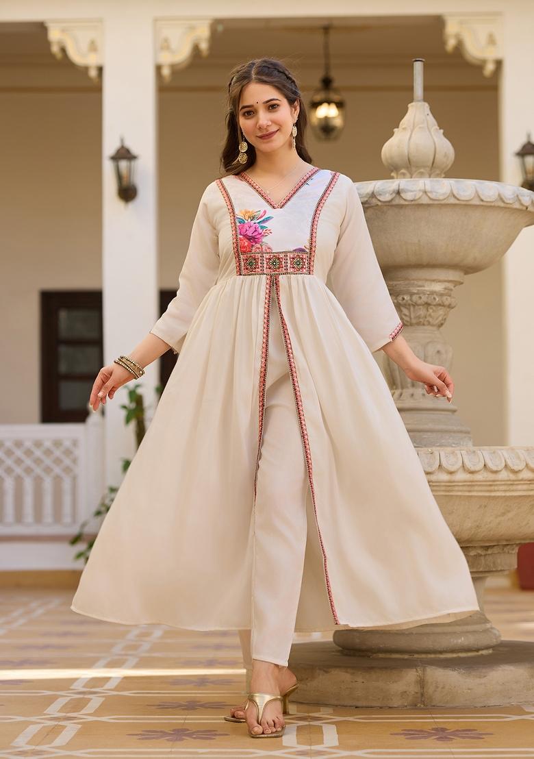 Off White Embroidery Silk Kurta Set - Indya