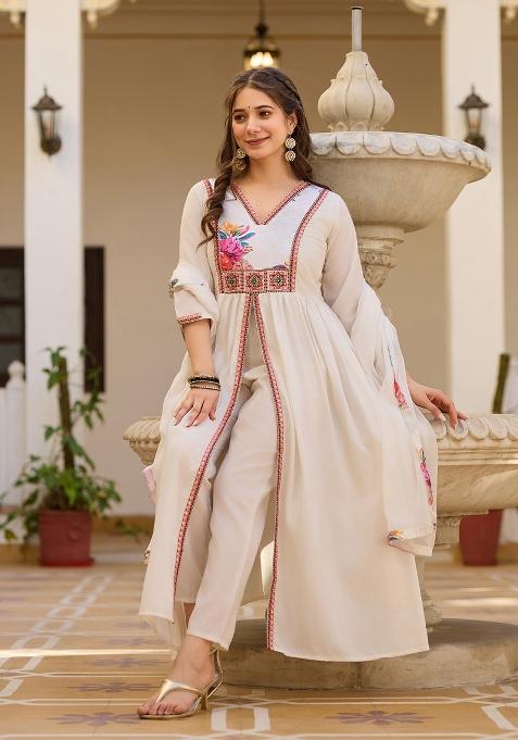 Off White Embroidery Silk Kurta Set