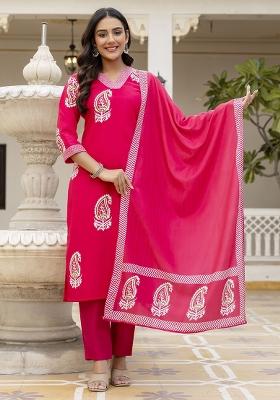 Pink Abstract Print Rayon Kurta Set