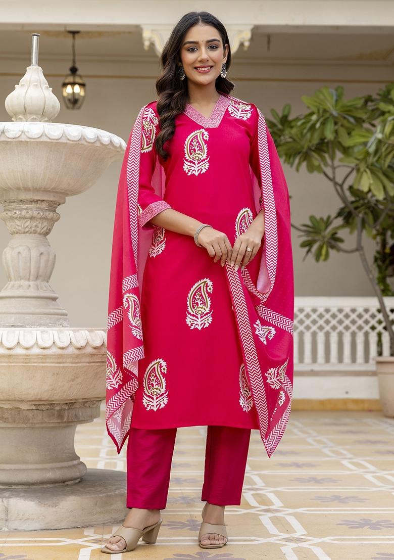 Pink Abstract Print Rayon Kurta Set - Indya