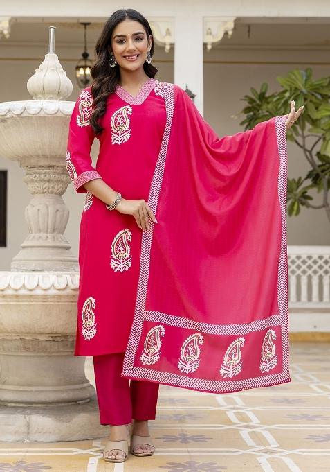 Pink Abstract Print Rayon Kurta Set