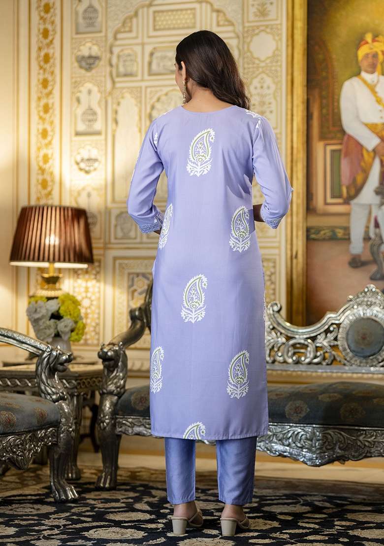 Blue Chikankari Rayon Straight Kurta Set - Indya