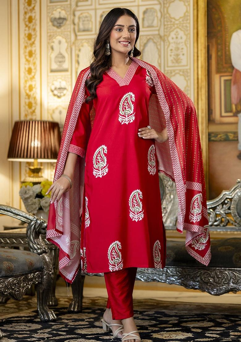 Red Abstract Print Rayon Kurta Set - Indya