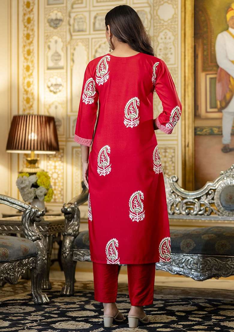 Red Embroidered Rayon Straight Kurta Set - Indya