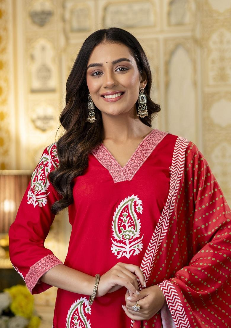 Red Abstract Print Rayon Kurta Set - Indya